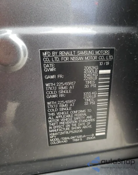 2020 Nissan Rogue S z USA, uszkodzony, nr VIN KNMAT2MT8LP526206